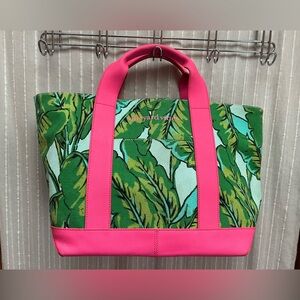 Vineyard Vines tropical print cotton tote with leather trim bag